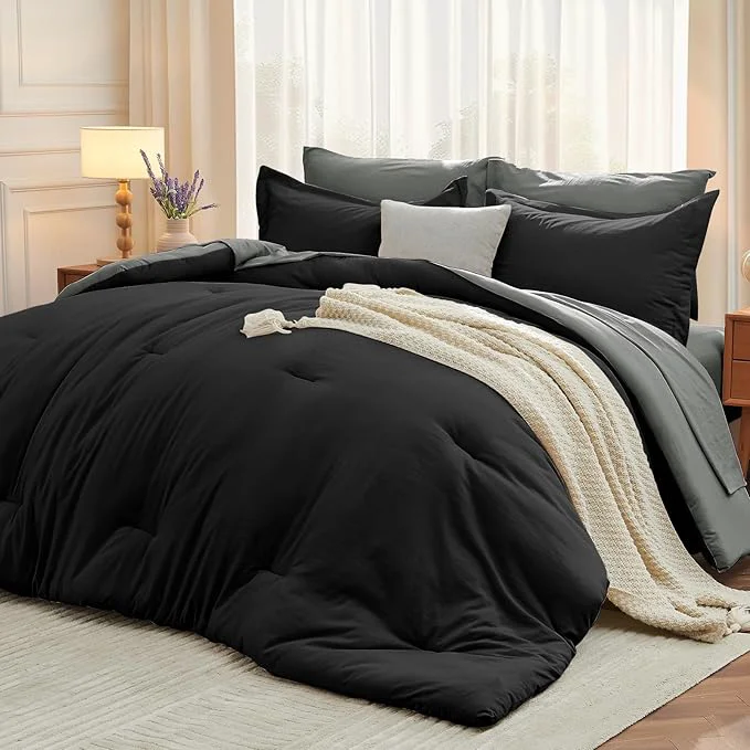 High-Grade MUXHOMO 7 Pieces King Comforter Set Soft Bed in a Bag King Size All Season Bedding Set with Comforter Flat Sheet Fitted Sheet Pillowcases amp Shams Black amp Grey Environmentally Friendly