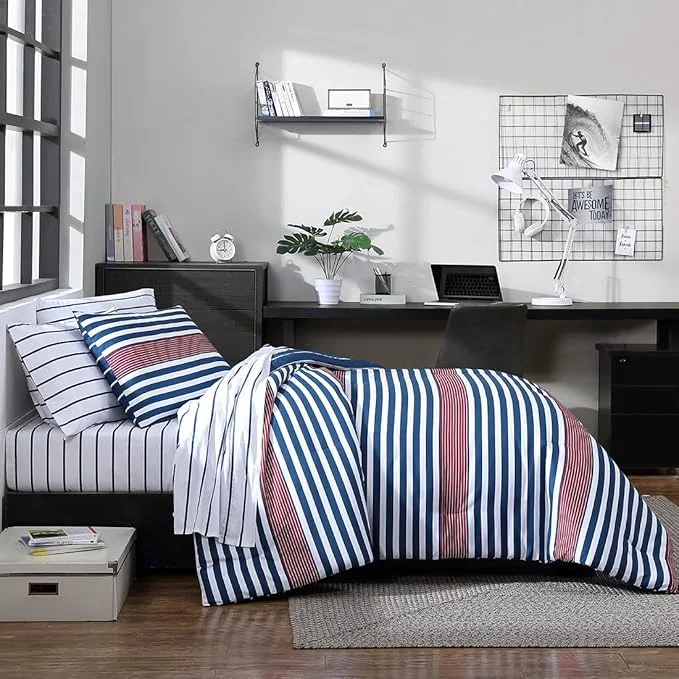 Natural Nautica – Twin Twin XL Comforter Set Super Soft Woven Bedding with a Medium-Weight Feel for Year Round Use 2 Piece Bed Set with Matching Pillowcase Kennedy Stripe Navy Traditional