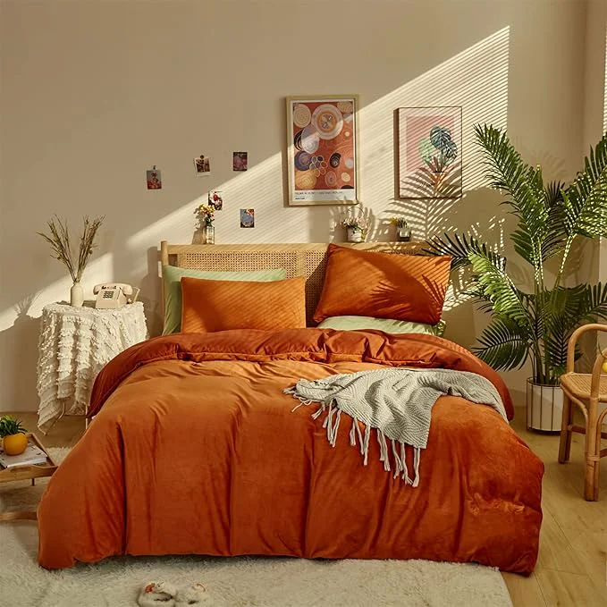 Functional Houseri Burnt Orange Velvet Comforter Set Fluffy Bedding Terracotta Micromink Sherpa Comforter Twin Size Kids Boys Girls Dorm Flannel Fuzzy Bed Rust Red Durable