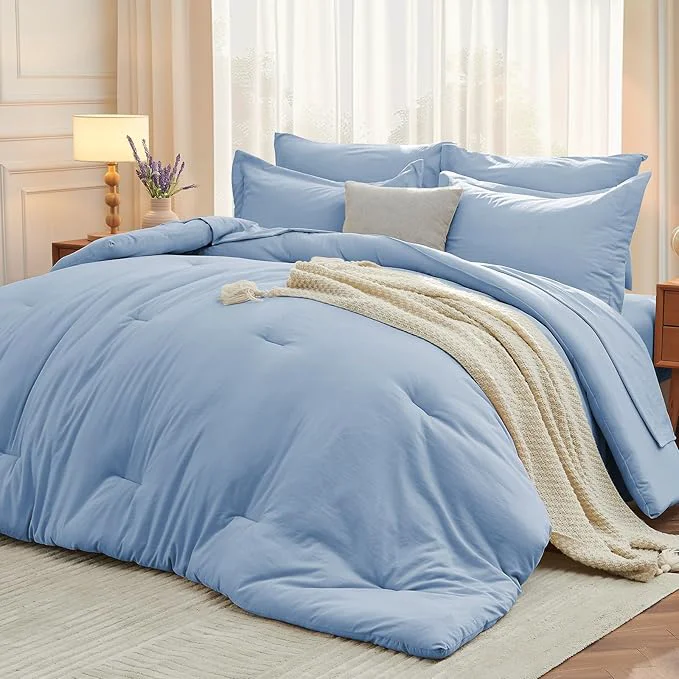 Premium MUXHOMO 7 Pieces Queen Comforter Set Soft Bed in a Bag Queen Size All Season Bedding Set with Comforter Flat Sheet Fitted Sheet Pillowcases amp Shams Greyish Blue Traditional