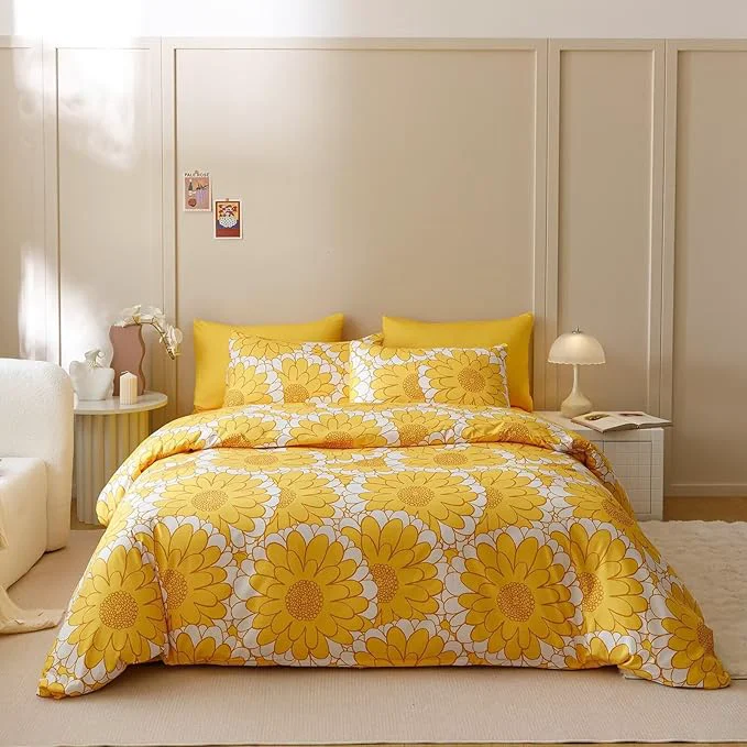 Traditional Houseri Yellow Sunflower Comforter Set Twin 3 Piece Yellow Floral Bedding Twin Size Lightweight White and Yellow Botanical Bed Set Soft Comfy Quilt Blanket Twin High-End