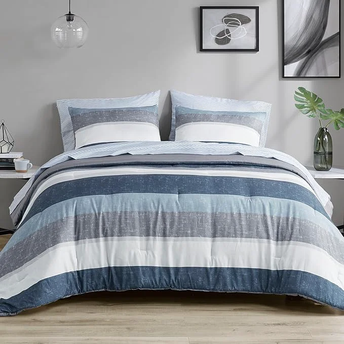Fine Crafted Madison Park Essentials Jaxon Bed in a Bag Comforter Set with Sheet Printed Stripe Design Modern All Season Bedding and Matching Sham California King Blue Grey 7 Piece Powerful