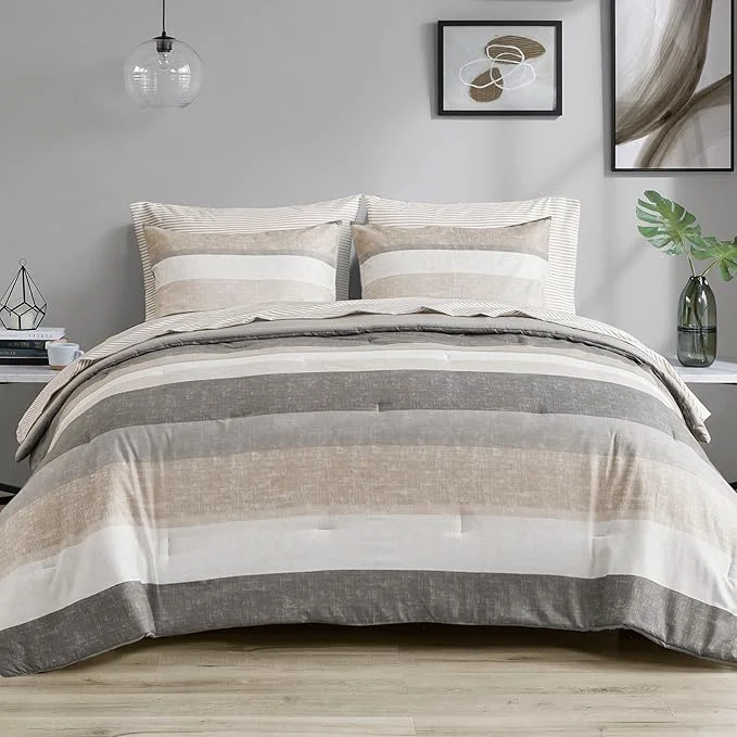 High-Performance Madison Park Essentials Queen Comforter Set Bed in A Bag Comforter amp Sheet Set Modern Casual Stripes Print All Seasons Soft Microfiber Bedding Makeover Matching Shams Queen Taupe Grey 7 Piece Secure