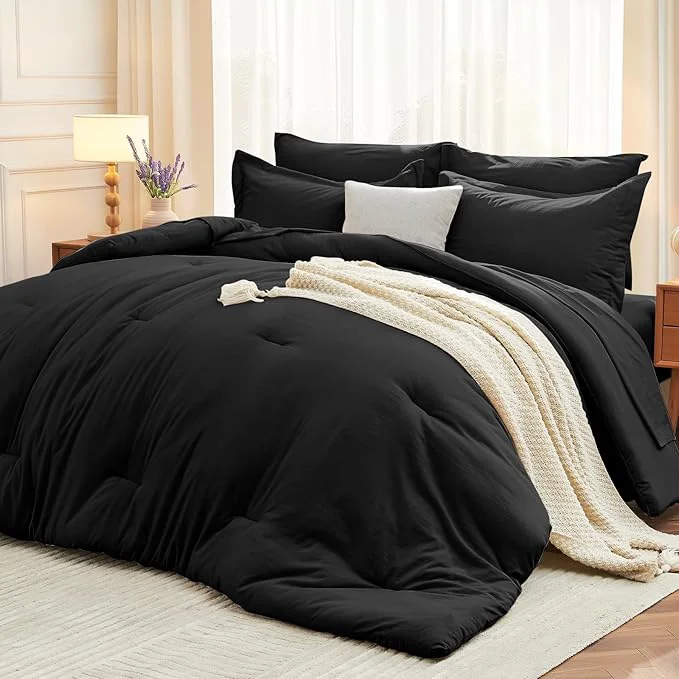 Elite MUXHOMO 7 Pieces Queen Comforter Set Soft Bed in a Bag Queen Size All Season Bedding Set with Comforter Flat Sheet Fitted Sheet Pillowcases amp Shams Black Eco-Friendly