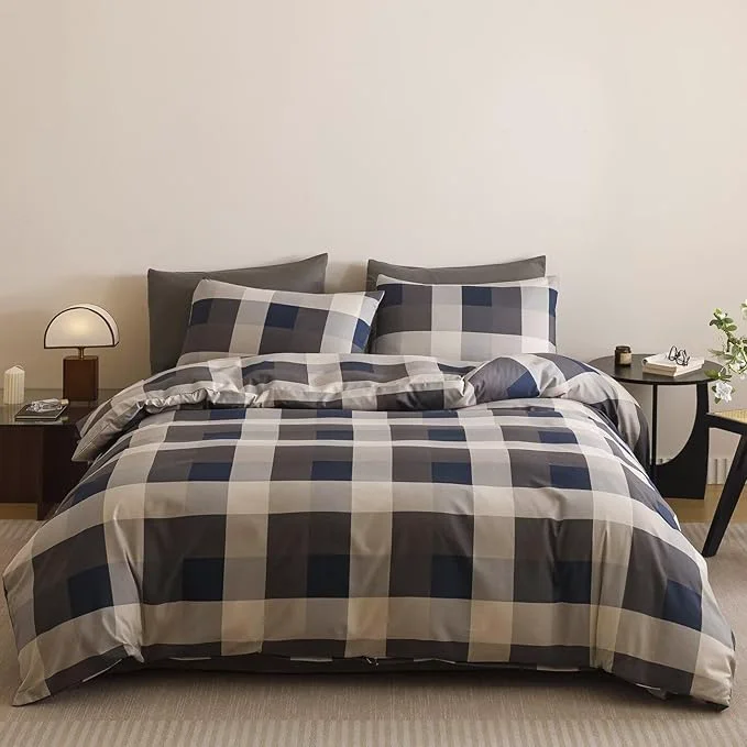 Proven Cottonight Checkered Navy Comforter Set Queen Men Gingham Grid Bedding Set Navy and Khaki Grid Comforter Fluffy Soft Blanket Quilts Modern Cottagecore Comforter with 2 Pillowcases for Queen Bed Solid