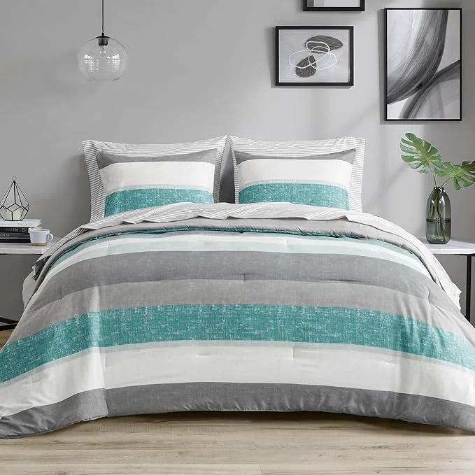 Effective Madison Park Essentials Twin Comforter Set Bed in A Bag Comforter amp Sheet Set Modern Casual Stripes Print All Seasons Soft Microfiber Bedding Makeover Matching Shams Twin Aqua Grey 5 Piece Quality