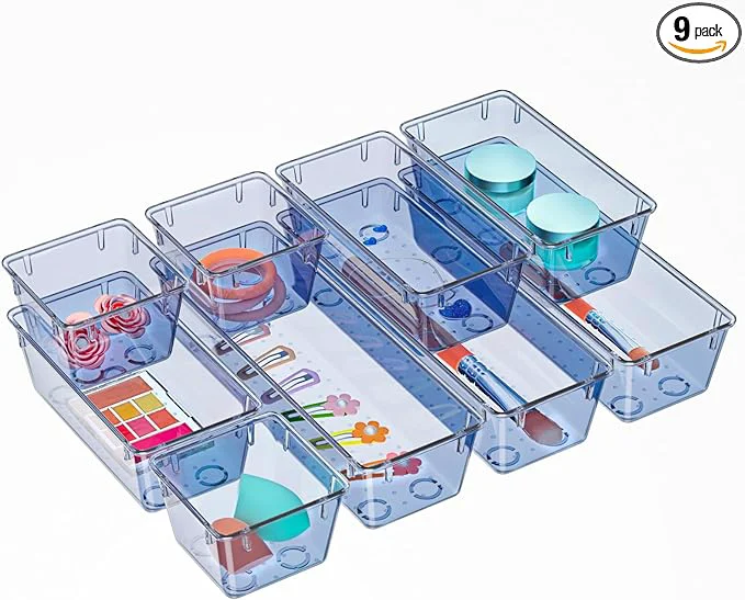 Premium Material WOWBOX 9 Pack Clear Drawer Organizer Set Acrylic Drawer Storage Trays Premium