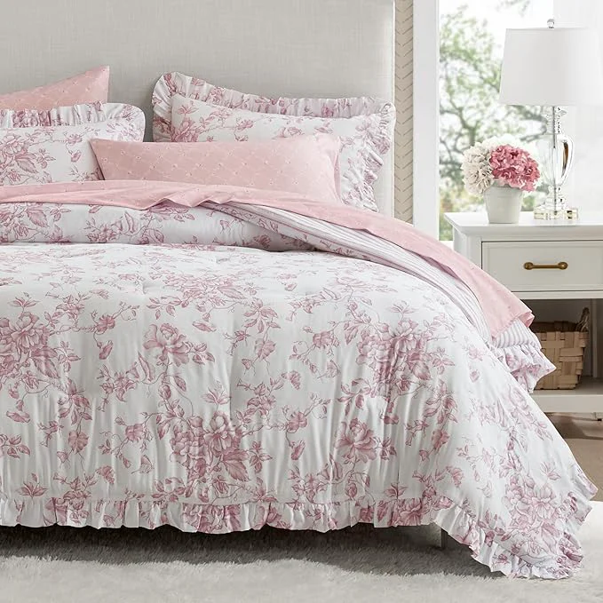 High-Quality Madison Park Essentials Adele Pink Floral Full Size Comforter Set – Vintage Bed in a Bag with Sheets Reversible Ruffle Bedding Elegant Gift for Her Dependable