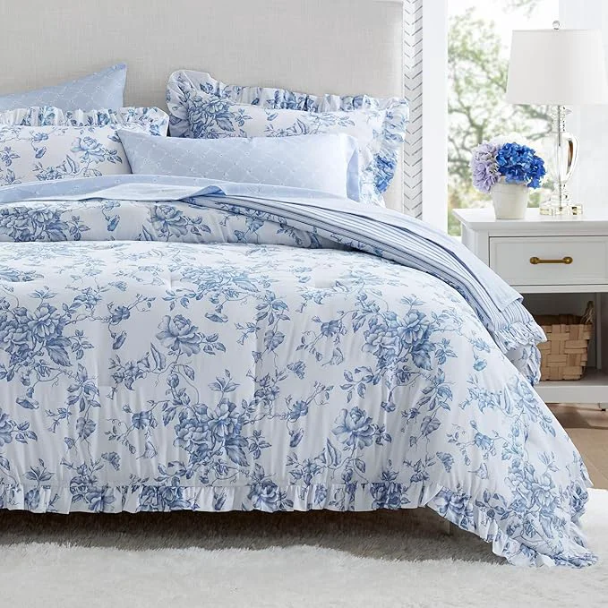 Versatile Madison Park Essentials Adele Blue Floral Queen Size Comforter Set – Vintage Bed in a Bag with Sheets Reversible Ruffle Bedding Elegant Gift for Her Clean
