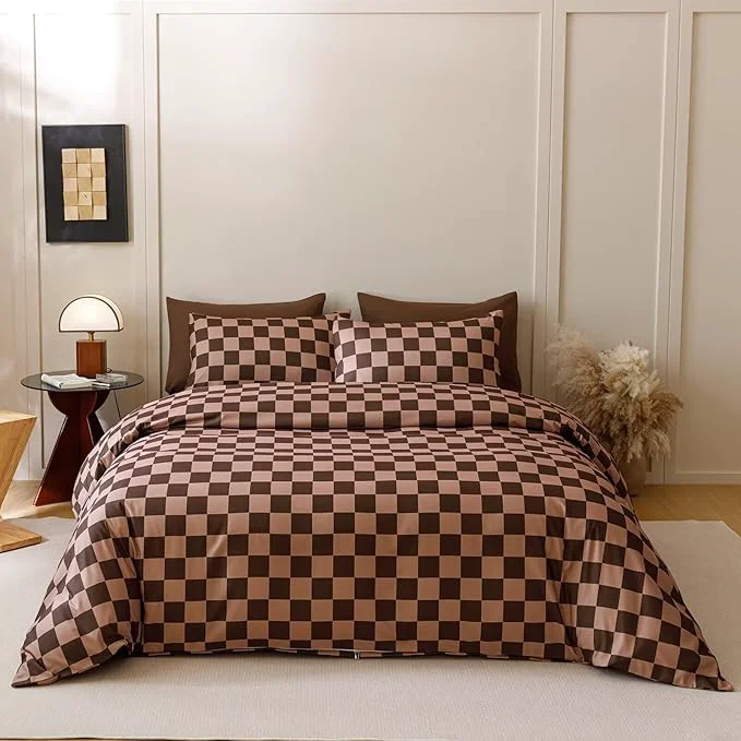 Versatile Houseri Brown Plaid Comforter Set King Chocolate Coffee Color Chessboard Bedding Sets Mocha Buffalo Checkered Bed Quilt Blanket King Specialty