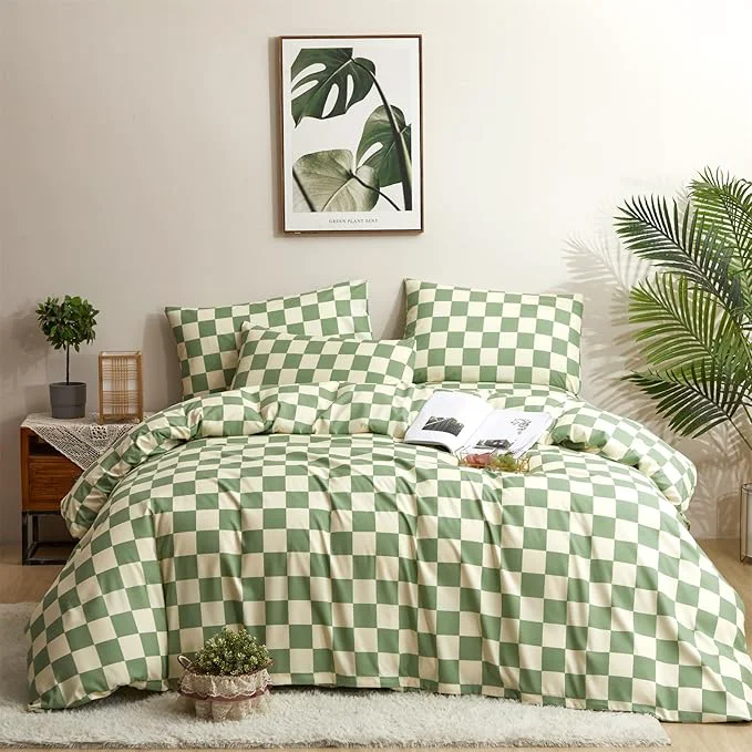 Unique Houseri Sage Green and White Comforter Set King Plaid Light Green Beige Grid Bedding Checkerboard King Size Comforter Sets Women Men Grass Green Buffalo Plaid Comforters King Gingham Bedding Sets King Authentic