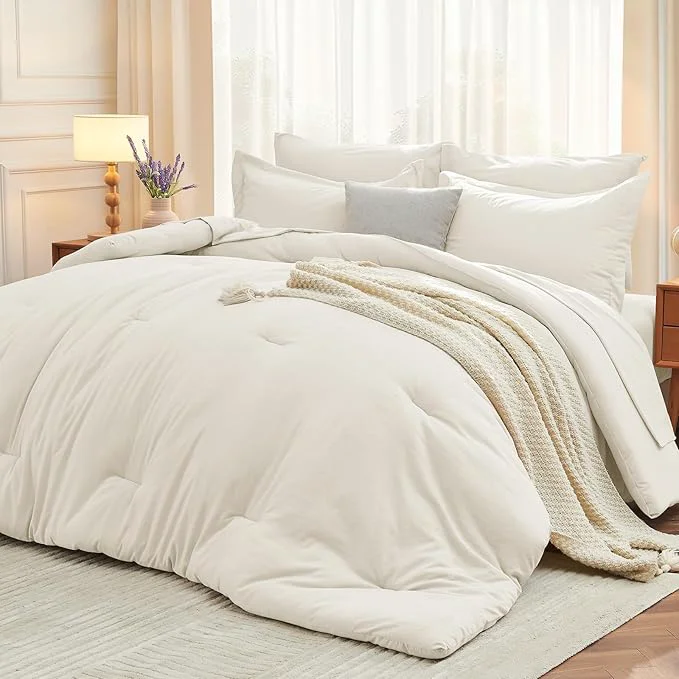 Sustainable MUXHOMO 7 Pieces Queen Comforter Set Soft Bed in a Bag Queen Size All Season Bedding Set with Comforter Flat Sheet Fitted Sheet Pillowcases amp Shams Ivory Selected