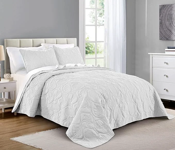 Organic Pure Bedding Quilt Set Full Queen Size White – Oversized Bedspread – Soft Microfiber Coverlet for All Season – Includes 1 Quilt and 2 Shams Ocean Star Pattern Unique