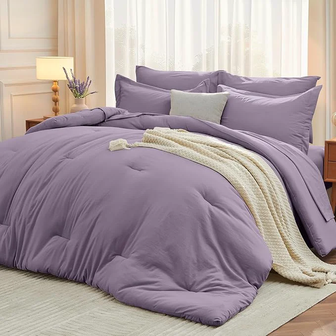 Smart MUXHOMO 7 Pieces King Comforter Set Soft Bed in a Bag King Size All Season Bedding Set with Comforter Flat Sheet Fitted Sheet Pillowcases amp Shams Greyish Purple Selected