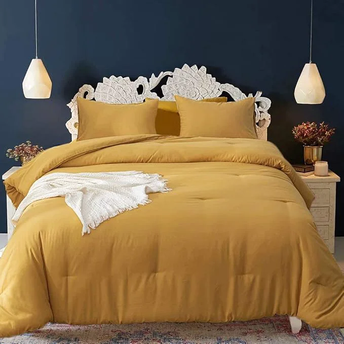 Pure Cottonight Mustard Yellow Comforter Sets King Solid Dark Yellow Bedding Comforter Set Deep Yellow Cozy Blanket Quilts Women Men Durable Modern Style Mustsard Bedding Set for Adults Teens Smooth