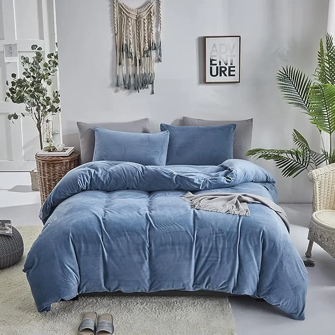 Fine Crafted Cottonight Blue Velvet Comforter Set Queen Blue Flannel Bedding Set Queen Size Winter Blanket Quilts Modern Heavyweight Warm 3 Piece Velvet Comforter Set Environmentally Friendly