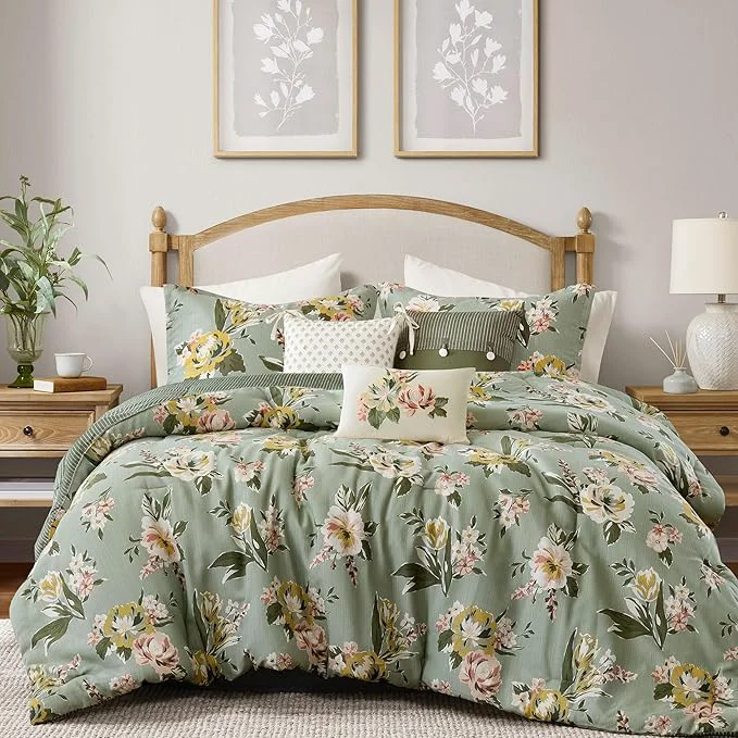 Consistent Madison Park Vintage Floral Reversible Comforters King Size Bed All Season Down Bedding Comforter Bedskirt Pillows Shams Salara Cal King Green 7 Piece Reversible Specialty