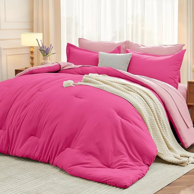 Lightweight MUXHOMO 7 Pieces Full Comforter Set Soft Bed in a Bag Full Size All Season Bedding Set with Comforter Flat Sheet Fitted Sheet Pillowcases amp Shams Hot Pink amp Baby Pink Stylish