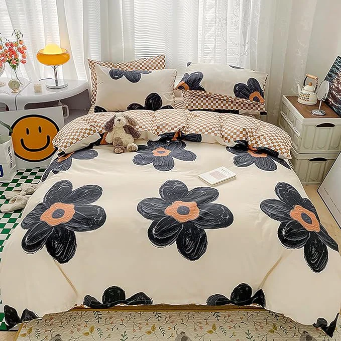 Clean Cottonight Black and White Floral Comforter Twin Big Flower Chic Bedding Boho Modern Elegant Breathable Quilts Blankets Lightweight Comforter Set with 2 Pillowcases Relaxed