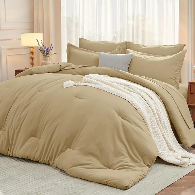 Natural MUXHOMO 7 Pieces Full Comforter Set Soft Bed in a Bag Full Size All Season Bedding Set with Comforter Flat Sheet Fitted Sheet Pillowcases amp Shams Khaki Fine