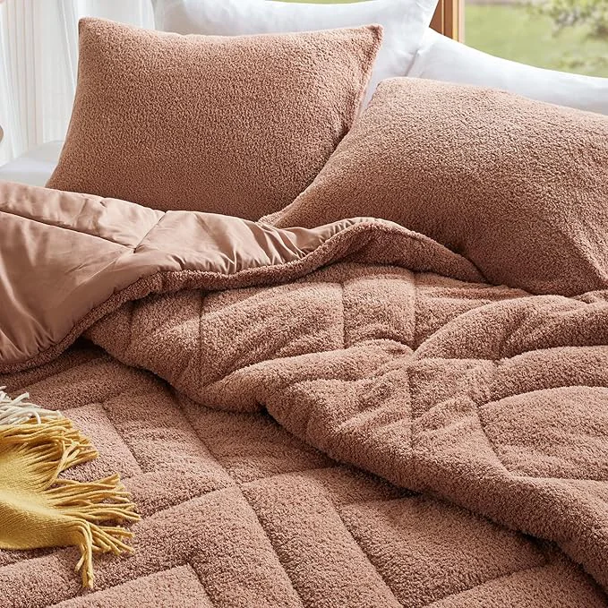 Organic Comfort Spaces King Comforter Set Reversible Feather-Soft Plush Comforters for King Size Bed All Season Lightweight Shearling Fleece Sherpa Comforter King Size Bed Set King Cal King Brown 3 Piece User-Friendly