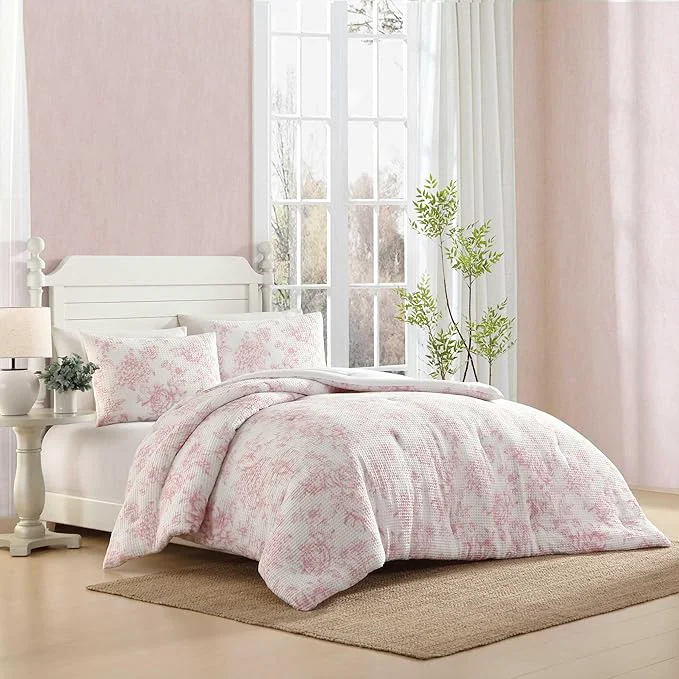 Modern Laura Ashley – Comforter Set Soft Poly Waffle Textured Bedding with Matching Shams Delicate Floral Design Delphine Pastel Pink King High-Grade