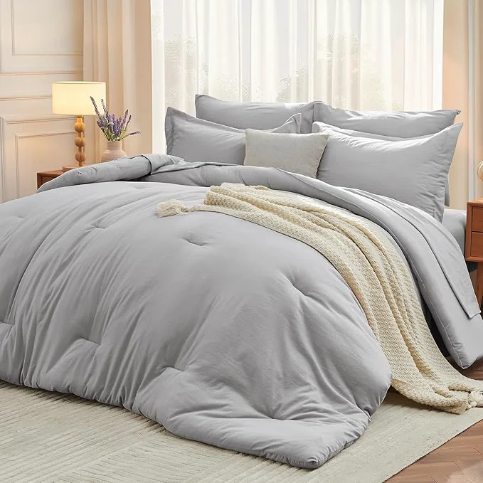 Exclusive MUXHOMO 7 Pieces California King Comforter Set Soft Bed in a Bag Cal King Size All Season Bedding Set with Comforter Flat Sheet Fitted Sheet Pillowcases amp Shams Light Grey Unique