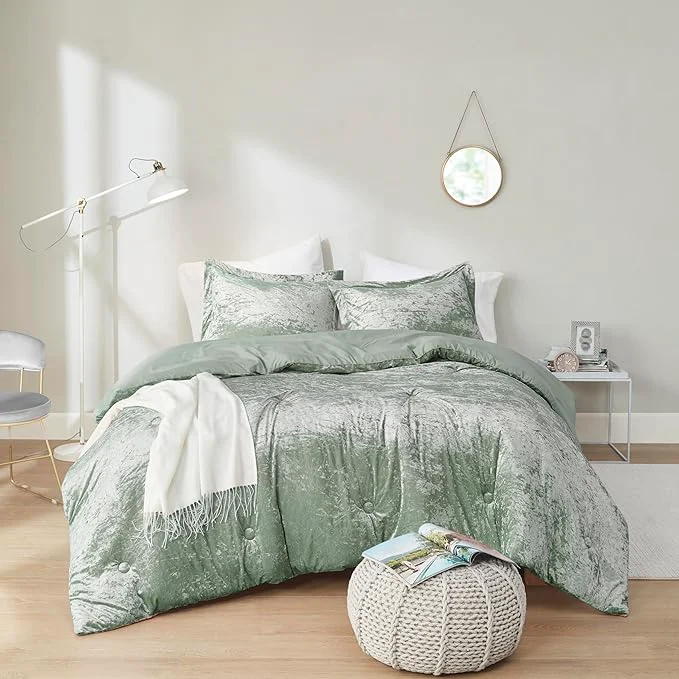 Recyclable Comfort Spaces Luxe Velvet Comforter Set for Twin Size Bed Microfiber Reverse Juliette All Season Bedding Fluffy Bed Set Sham Sage Green 2 Piece Fast