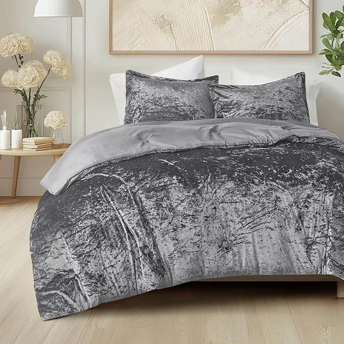 Natural Comfort Spaces Juliette Luxe Comforter Set Velvet Lush with Soft Brushed Microfiber Reverse All Season Cozy Velvet Bedding Sets Fluffy Comforter Bed Set Matching Sham Grey King 3 Piece Relaxed