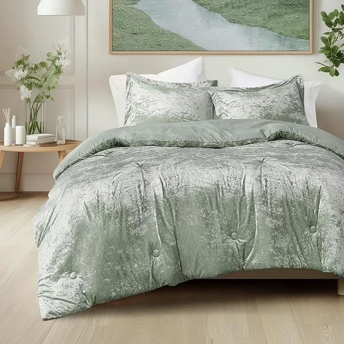 Authentic Comfort Spaces Luxe Queen Comforter Set Velvet Comforters for Queen Size Bed Microfiber Reverse Juliette All Season Velvet Bedding Queen Size Fluffy Bed Set Sham Full Queen Sage Green 3 Piece Easy-to-Use