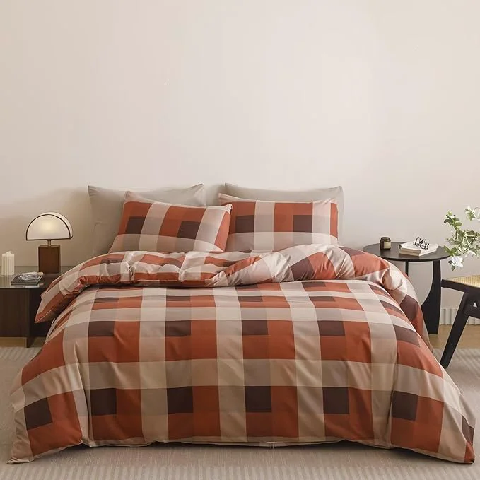 Proven Cottonight Checkered Red Comforter Set Full Gingham Grid Bedding Set Red and Khaki Grid Comforter Fluffy Soft Bedding Set Kids Teens Full Comforter with 2 Pillowcases Original Design