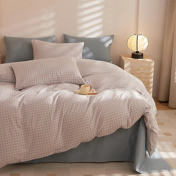 Fine HighBuy Pink Blue Gingham Comforter Set Queen Size Boho Plaid Checkered Pattern Comforter Comforter Set with 2 Pillowcases Fluffy Geometric Grid Printed Gingham Bedding Set Queen Verified