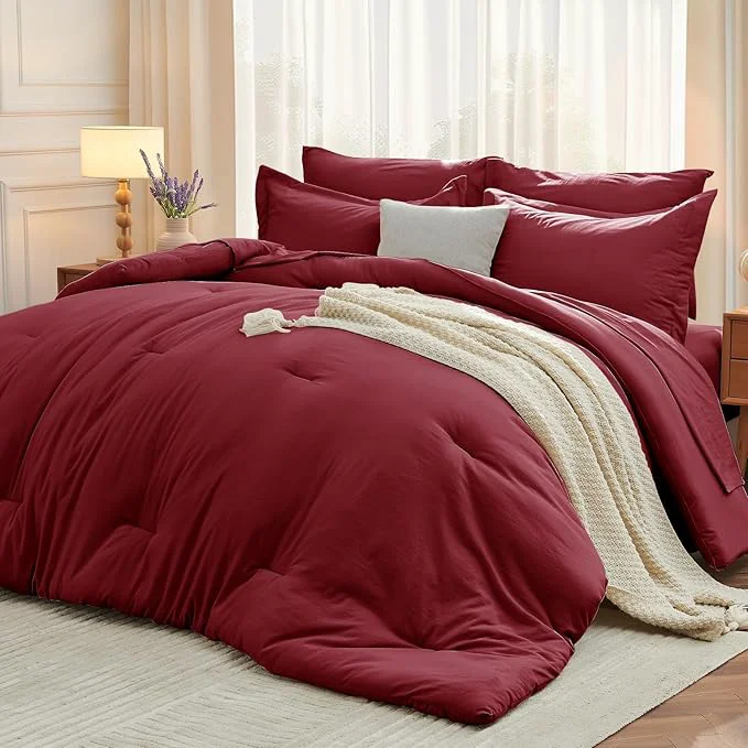 Detailed MUXHOMO 7 Pieces California King Comforter Set Soft Bed in a Bag Cal King Size All Season Bedding Set with Comforter Flat Sheet Fitted Sheet Pillowcases amp Shams Burgundy Red High-Grade
