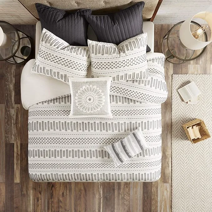 Smooth INK IVY Luxurious Cotton-Bedding Set – Mid Century Trendy Geometric Design All Season Cozy-Cover With Matching-Shams King Cal King Rhea Jacquard Ivory Charcoal Fine Crafted