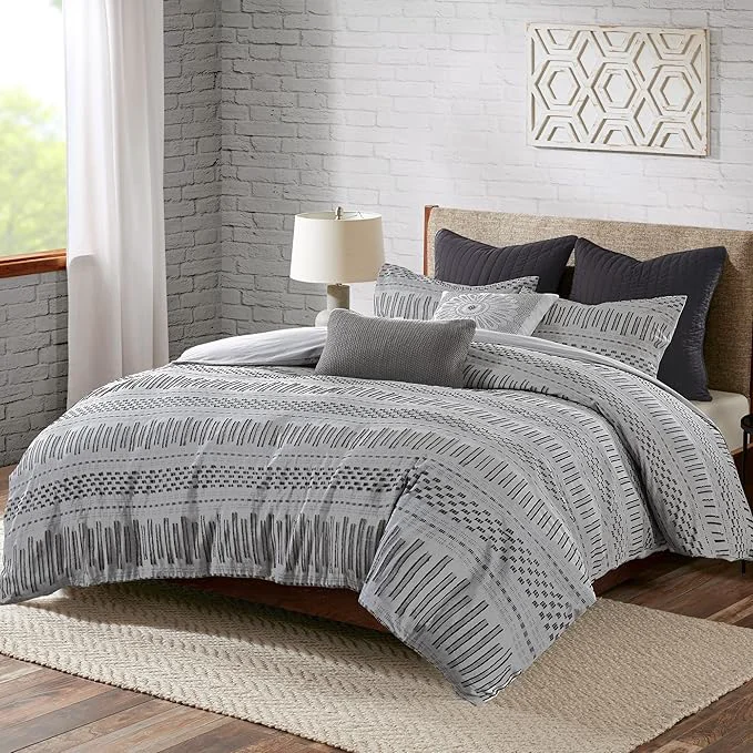 Flexible INK IVY Luxurious Cotton-Bedding Set – Mid Century Trendy Geometric Design All Season Cozy-Cover With Matching-Shams King Cal King Rhea Jacquard Grey Black Excellent