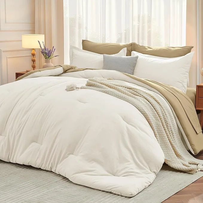 Original Design MUXHOMO 7 Pieces Full Comforter Set Soft Bed in a Bag Full Size All Season Bedding Set with Comforter Flat Sheet Fitted Sheet Pillowcases amp Shams Ivory amp Khaki Sophisticated