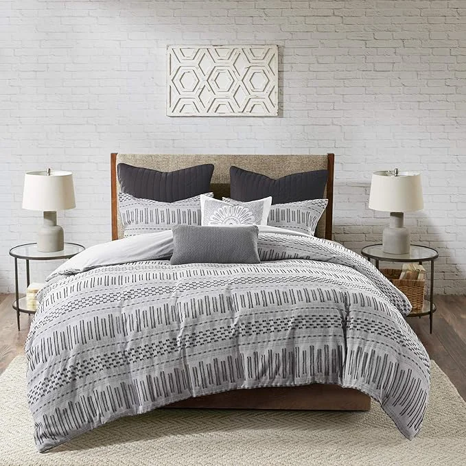 Minimalist INK IVY Rhea Cotton Duvet Set Mid Century Modern Boho Design All Season Comforter Cover Bedding Set Matching Shams King Cal King Geometric Clipped Jacquard Grey 3 Piece Quality