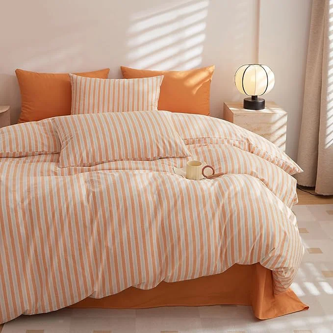 Casual HighBuy Full Size Comforter Set Orange Gingham Boho Striped Bedding Comforter with 2 Pillowcases Boho Art Decor Comforter Fluffy Thick Farmhouse Bedding Set for Women Teens Soft Breathable Excellent