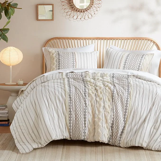 Safe INK IVY Comforter for King Size Bed Chenille Tufted Breathable Cotton Comforter Set King All Season Modern Boho Comforter with Farmhouse Bedding Flare 2 Matching Shams King Ivory 3 Piece Expertly Made