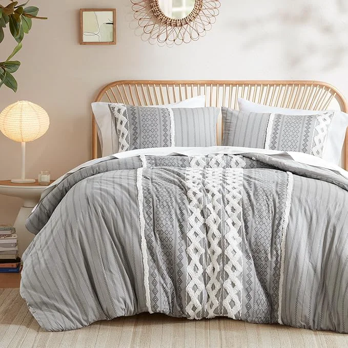 Luxury INK IVY Imani Cotton Duvet Mid Century Modern Design All Season Comforter Cover Bedding Set Matching Shams Full Queen Gray Chenille Tufted Accent 3 Piece Powerful