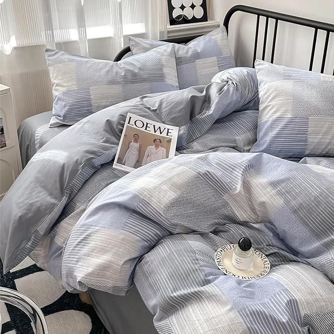 Authentic HighBuy Blue Grey Full Size Grid Stripe Patchwork Bedding Comforter Set Full 3 Pieces Buffalo Plaid Comforter Bedding Set Boho Stylish Geometric Plaid Fluffy Home Decor Contemporary