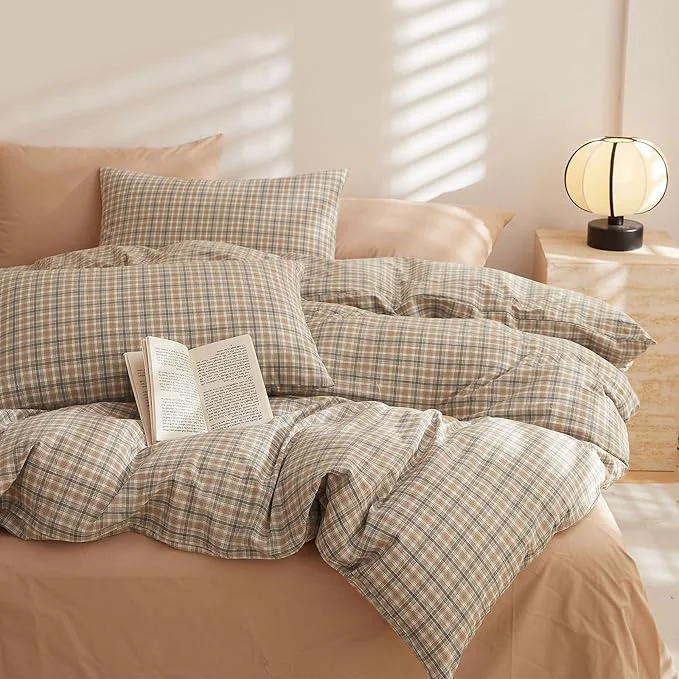 Smooth HighBuy Khaki Gingham Comforter Set Queen Modern Chic Plaid Comforter Set 3 Pieces Soft Fluffy Grid Checkered Patchwork Pattern Comforter with 2 Pillowcases Gingham Plaid Bedding Set Queen High-End