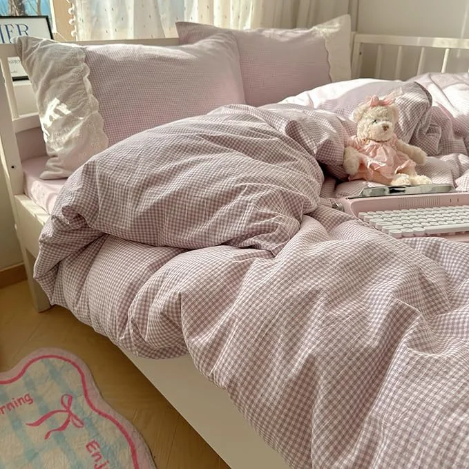 Solid HighBuy Purple Plaid Comforter Set Twin XL Size Lace Ruffle Gingham Pattern Printed Comforter 3 Pieces Lightweight Boho Vintage Fluffy Soft Farmhouse Checkered Grid Bedding Set Top-Quality