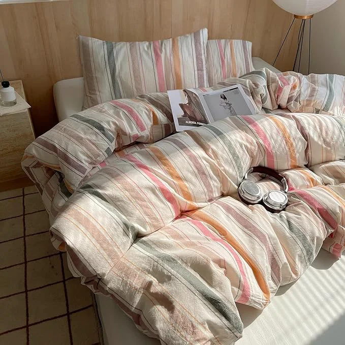 HighBuy Minimalist Striped King Comforter Set 3 Piece Shabby Chic Striped Boho Bedding Comforter for Men Boys King Bed Set with 2 Pillowcases King Comforter Comfy Soft Modern Bedding Set Safe