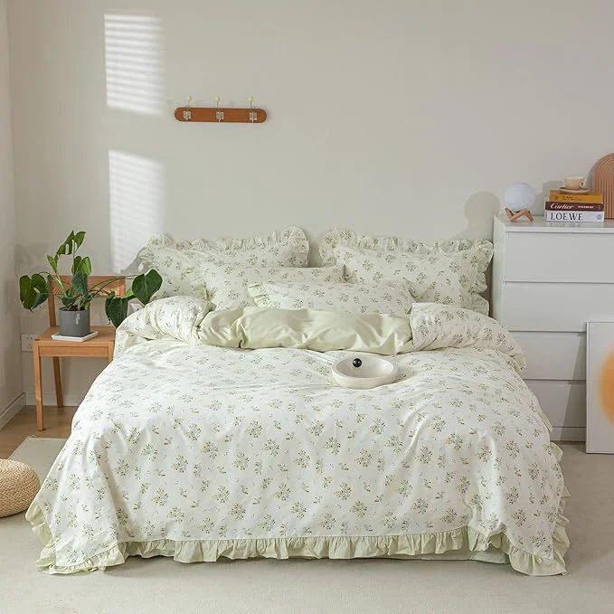 Minimalist HighBuy Garden Flower Comforter Set Full Green Floral Bedding Comforter Set Stripes Farmhouse Bedding Set 1 Lace Ruffle Comforter and 2 Lace Pillowcases Romantic Comforter Sets for Girls Women Effective