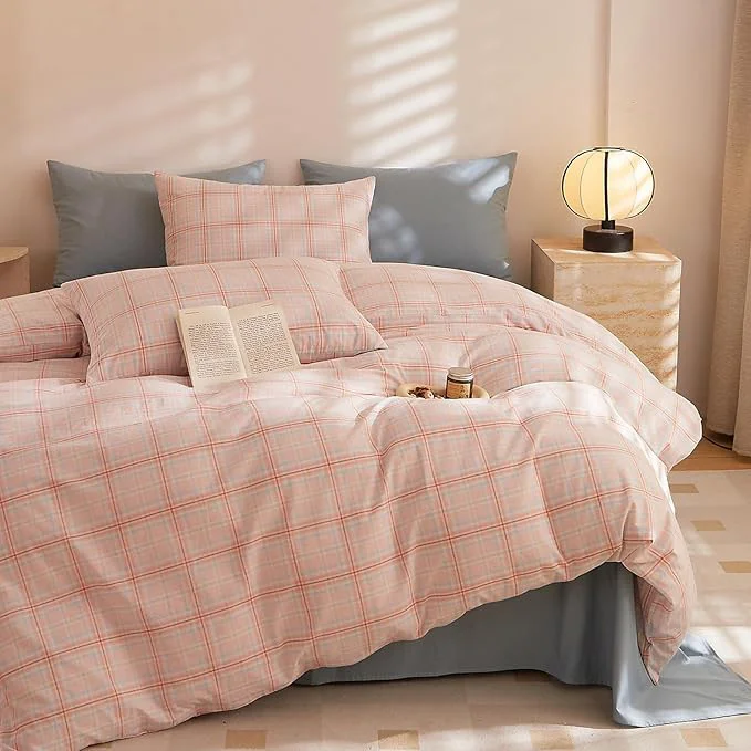 Recyclable HighBuy Geometric Comforter Sets Full Size Plaid Bohemian Hotel Luxury Bedding Sets 3 Piece Pink Gingham Full Comforters Fluffy with 2 Pillowcases for Full Bed Comfy Soft Bedding Comforters Organic