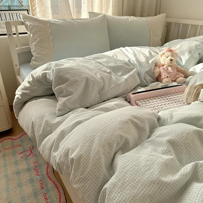 Prestigious HighBuy Blue Gingham Comforter Set Queen Size with Lace Ruffles Farmhouse Modern Blue Plaid Checkered Comforter Set Grid Bedding Sets Fluffy 3 Pieces Gingham Bed Comforter with 2 Pillowcases Safe