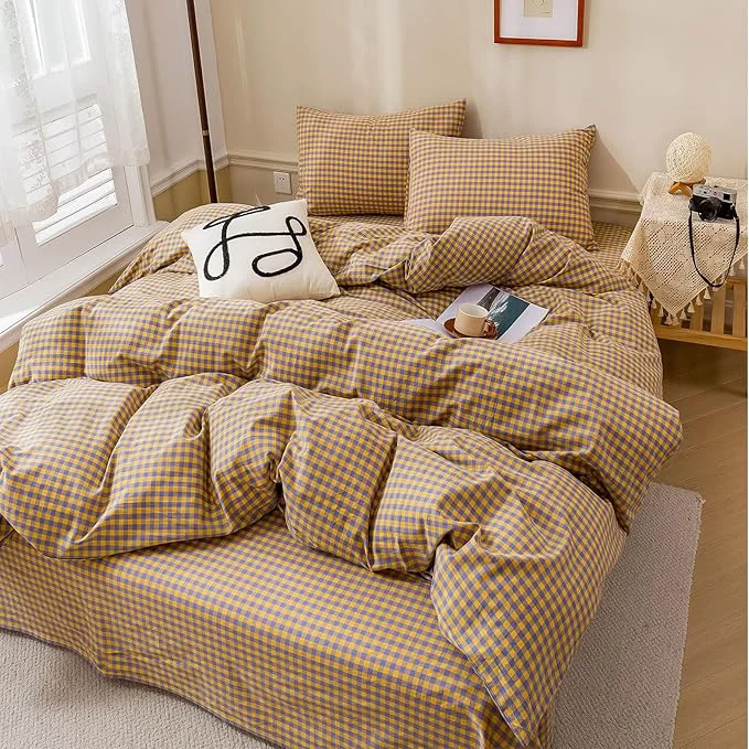 Exclusive HighBuy Yellow Gingham Comforter Set Queen Size Modern Chic Purple Plaid Pattern Comforter Fluffy with 2 Pillowcases for Men Women 3 Pieces Lightweight Bedding Comforter Set for All Seasons Versatile