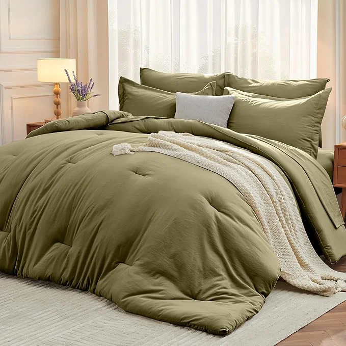 Relaxed MUXHOMO 5 Pieces Twin Comforter Set Soft Bed in a Bag Twin Size All Season Bedding Set with Comforter Flat Sheet Fitted Sheet Pillowcases amp Shams Olive Green Healthy