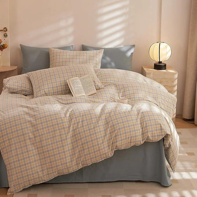 Crafted HighBuy Vintage Gingham Comforter King Size Yellow Blue Grid Bedding Comforter Set King with Sham Set 3 Piece Hotel Luxury Soft Checkered Comforter Set for King Bed Cozy Fluffy Bedding Sets Authentic